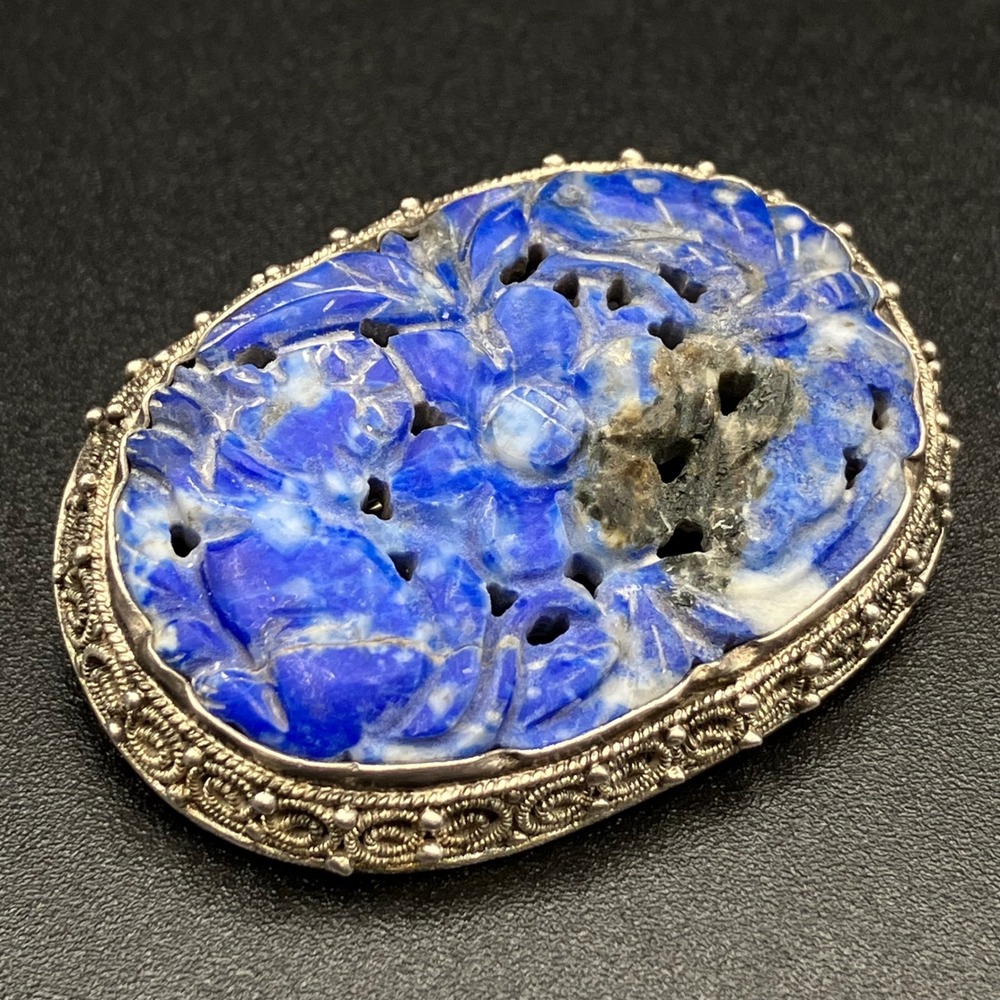 Vintage Chinese Export Sodalite Brooch Blue Carved Floral Filigree Silver READ